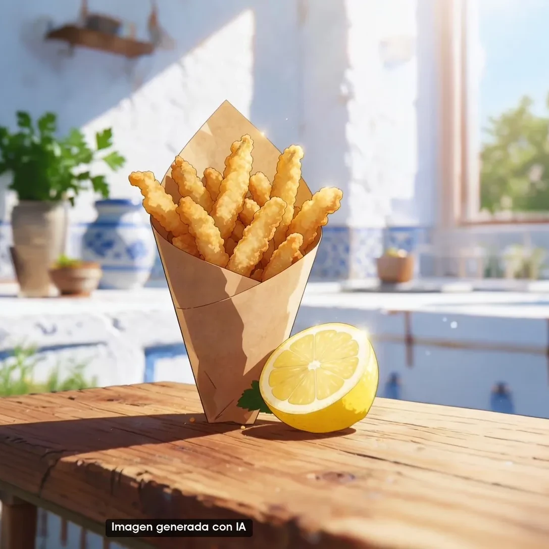 Churros de pescado: tiras doradas en cucurucho (imagen generada con IA)