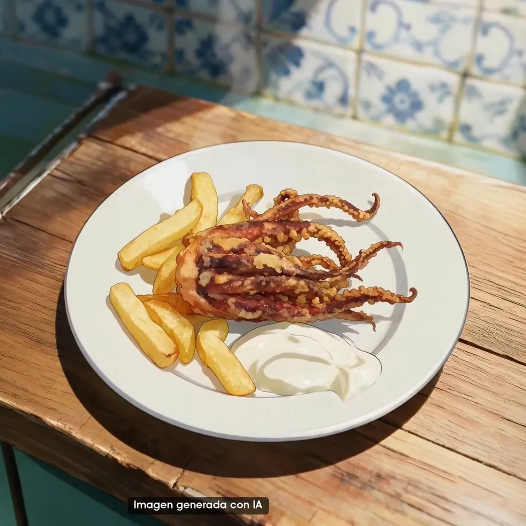 Plato de espeluznaos, rejos de calamar fritos, con papas fritas y alioli (imagen generada con IA)