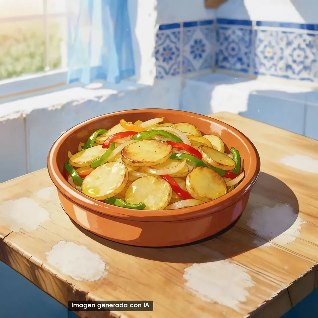 Patatas a lo pobre con papas nuevas de Adra (imagen generada con IA)