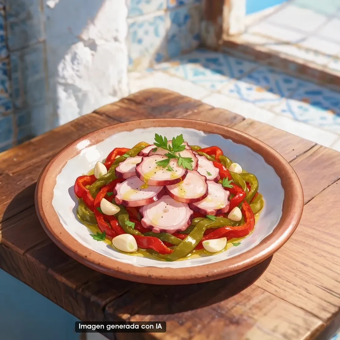 Pulpo seco con pimientos asados: el mar y la vega en un plato (imagen generada con IA)