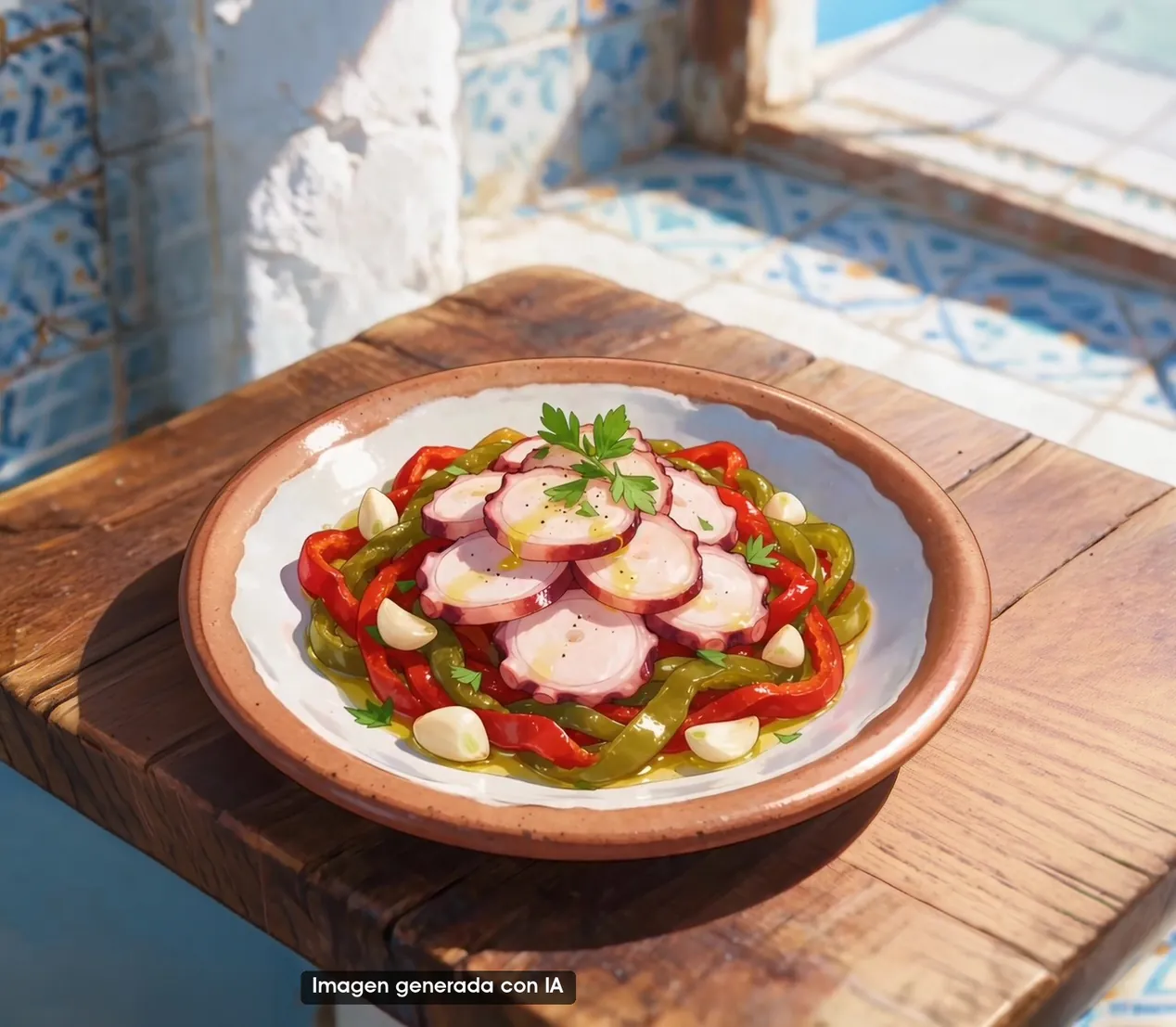 Pulpo seco con pimientos asados: el mar y la vega en un plato