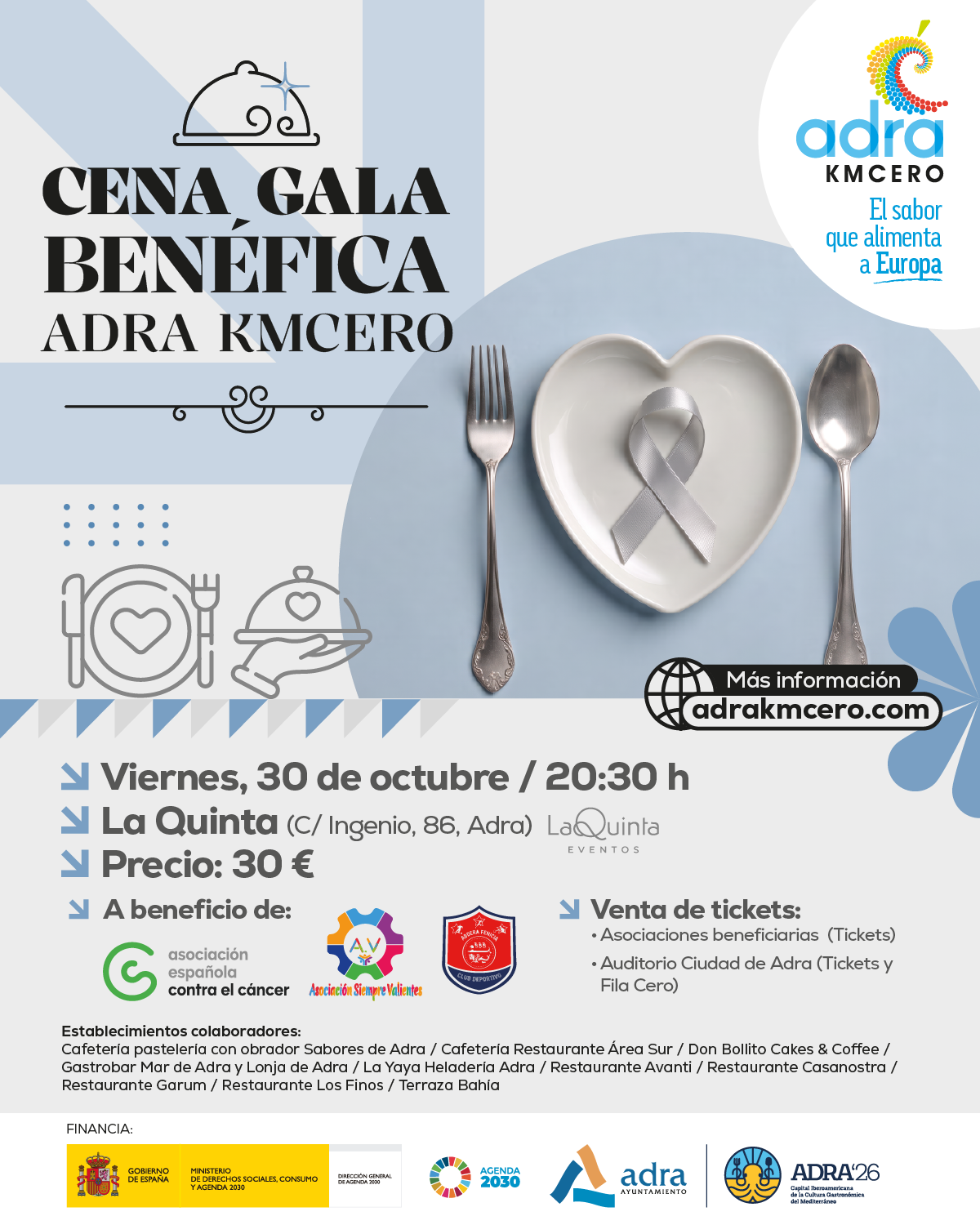 Cartel de la I Cena Gala Benéfica Adra KMCERO, el 30 de octubre en La Quinta Eventos de Adra